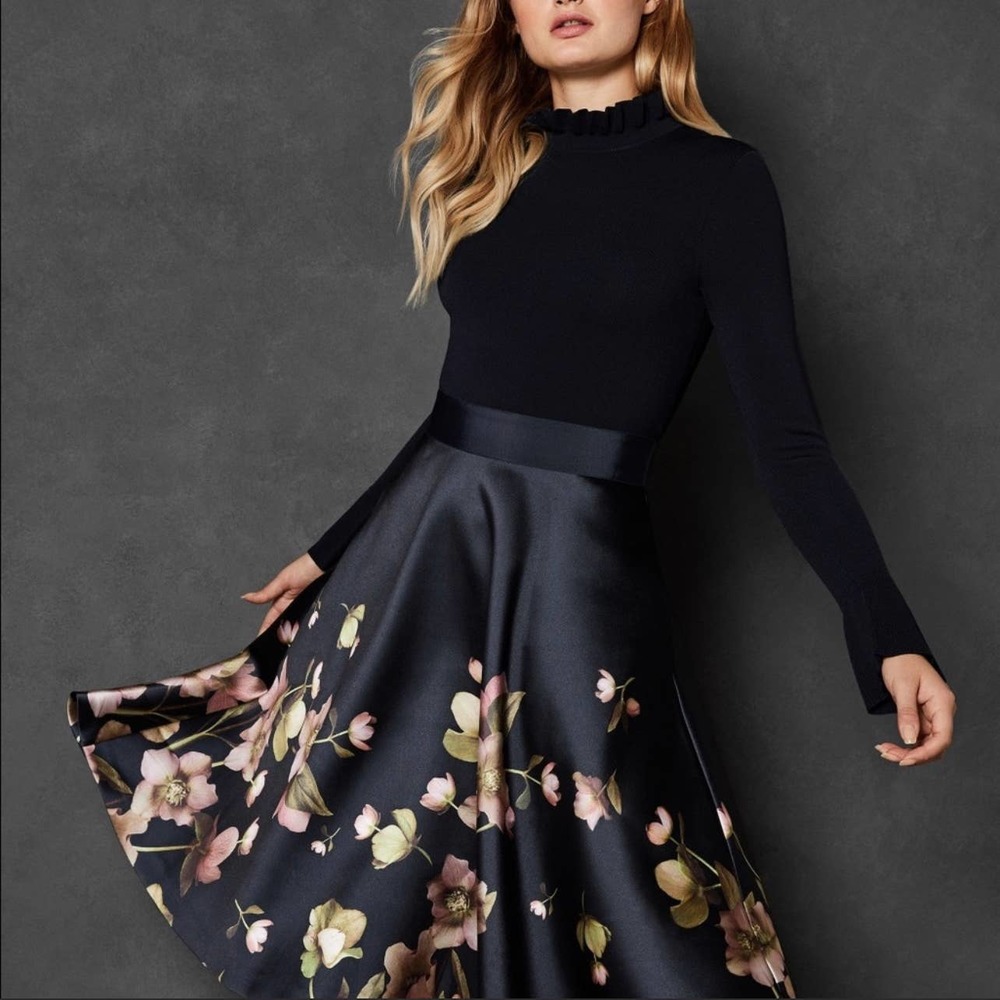 Ted Baker Women's Navy Seema Arboretum Long Sleeve A-line Dress US sz 4-6, Ted 2